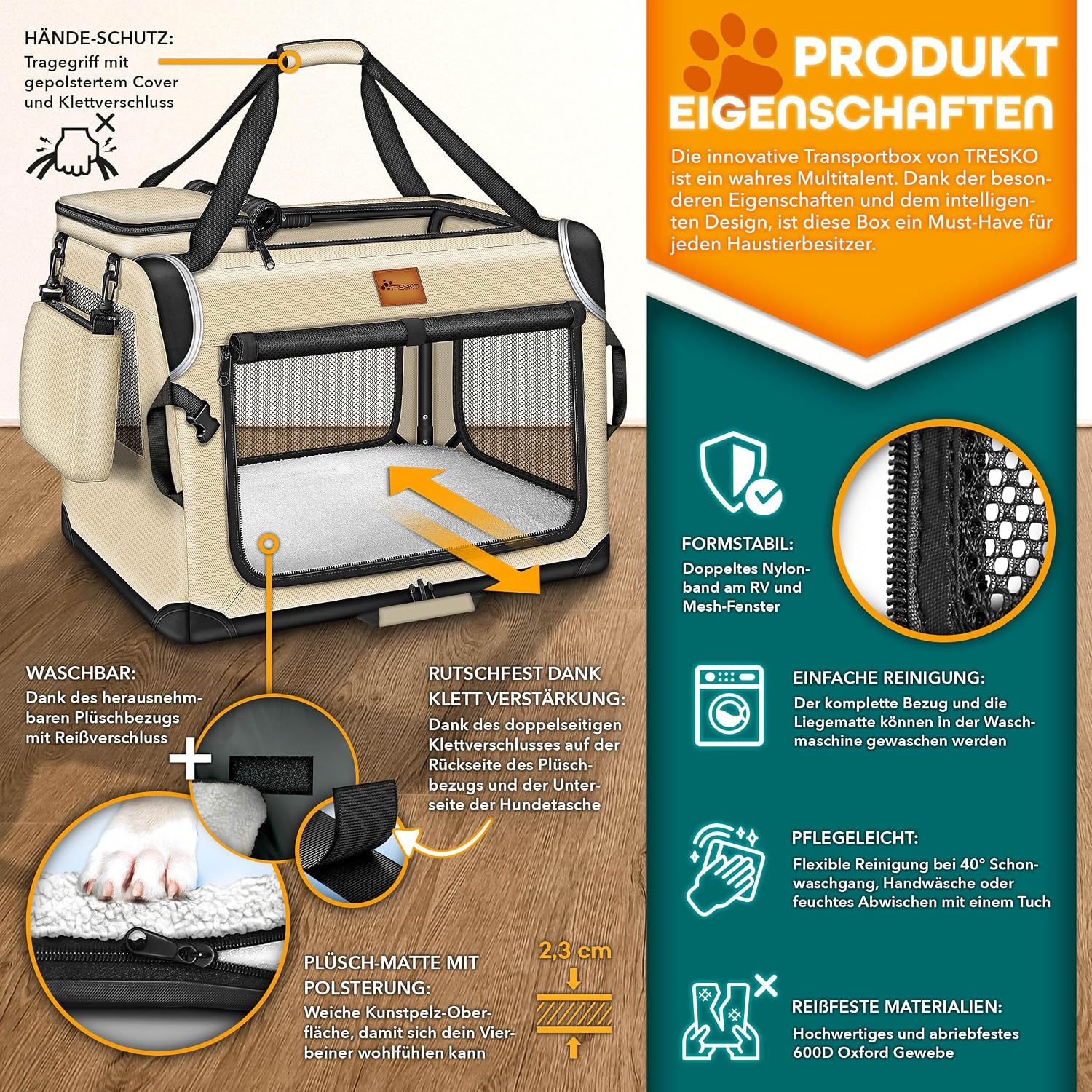 Detalle 2 de TRESKO Hundebox faltbar XXXL (102×69×69 cm) inkl. Leckmatte, Spatel & Reflektoren – Transportbox für Hunde und Katzen