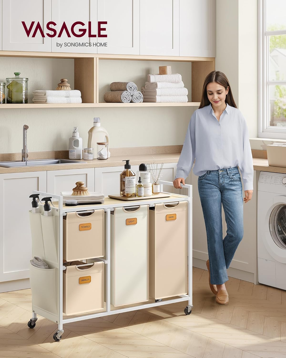 Detalle de VASAGLE Panier à Linge 4 Compartiments – Chariot mobile 150 L avec Étagères et Roulettes