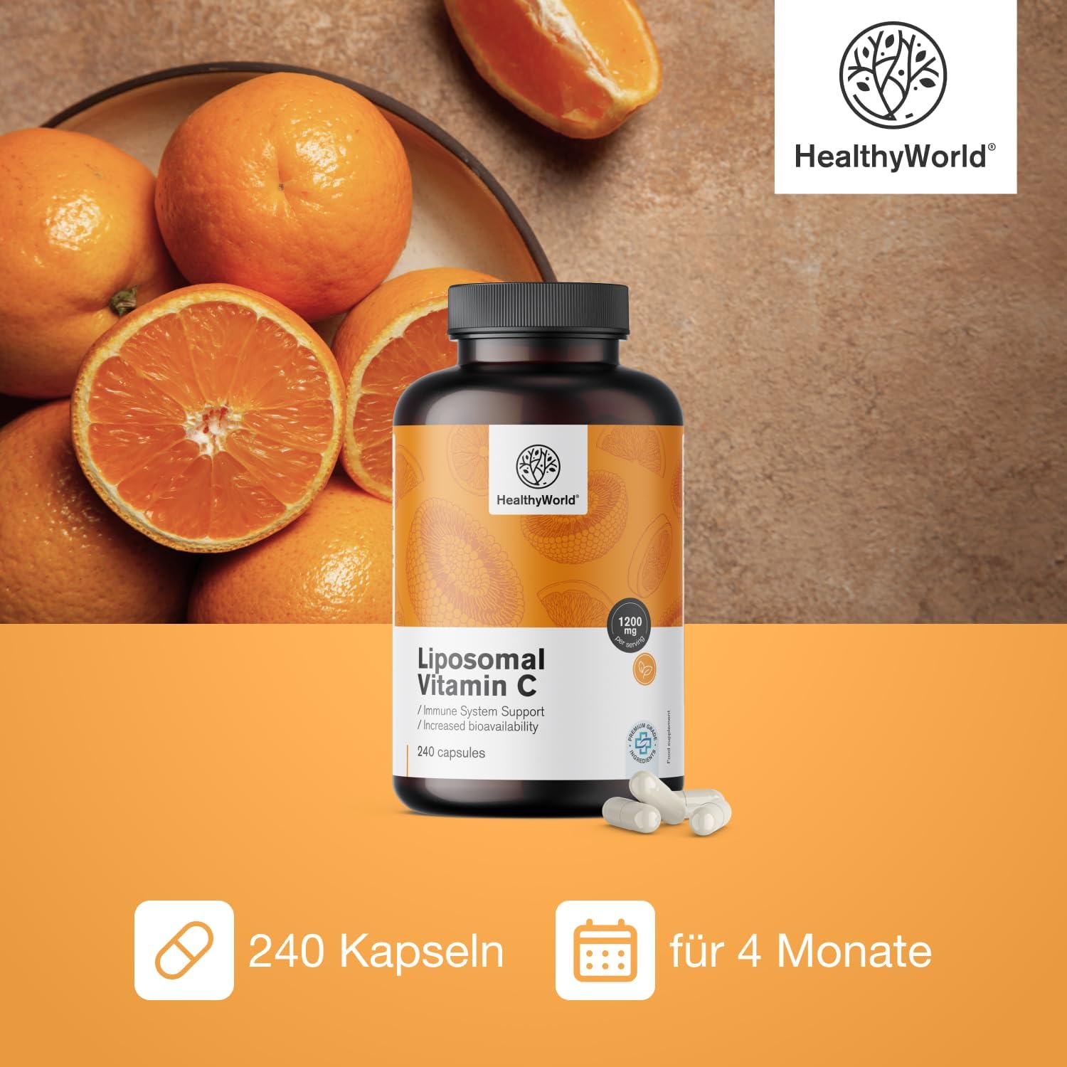 Detalle de HealthyWorld Liposomales Vitamin C – 240 Pflanzenkapseln (1200 mg/Tag) mit Hagebutte & Sonnenblumen-Phospholipiden