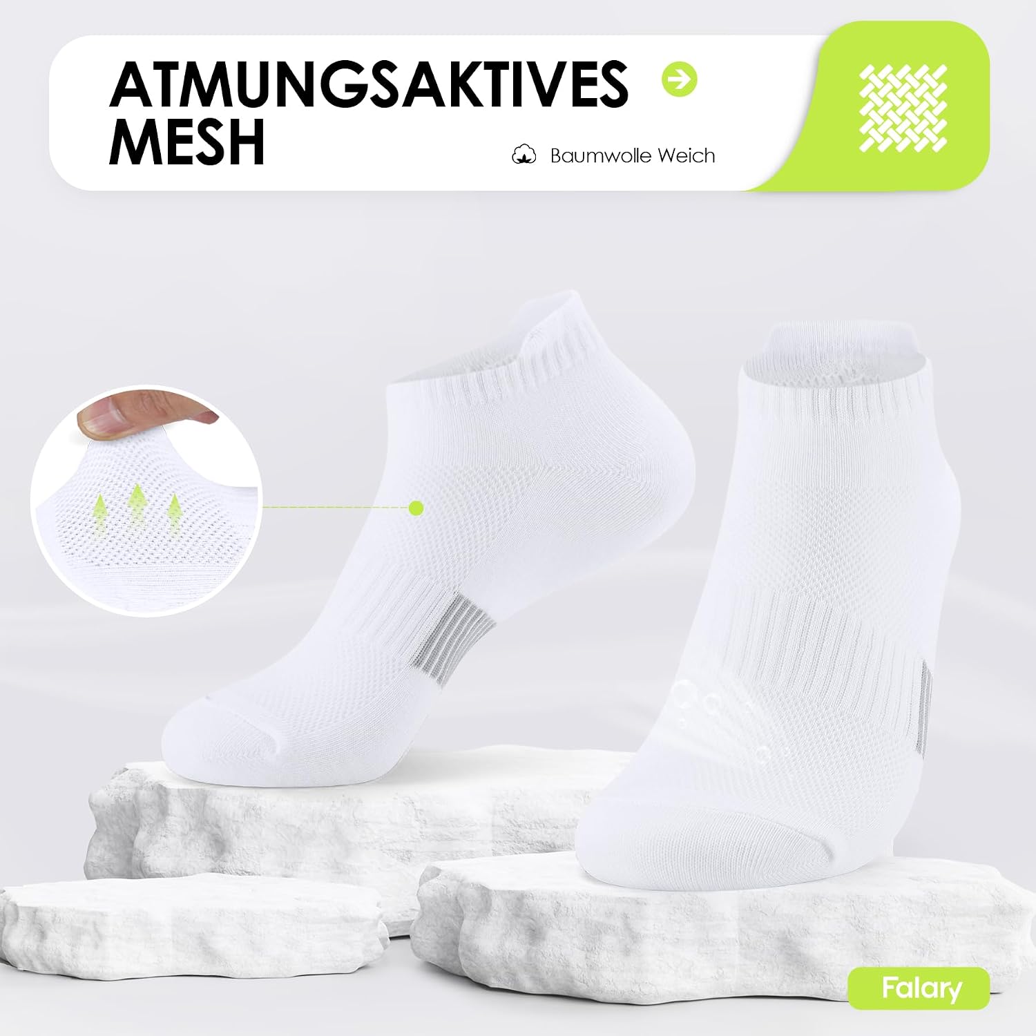 Detalle de FALARY Sneaker Socken (Damen & Herren) 8 Paar – atmungsaktive Baumwoll-Laufsocken in Schwarz/Weiß