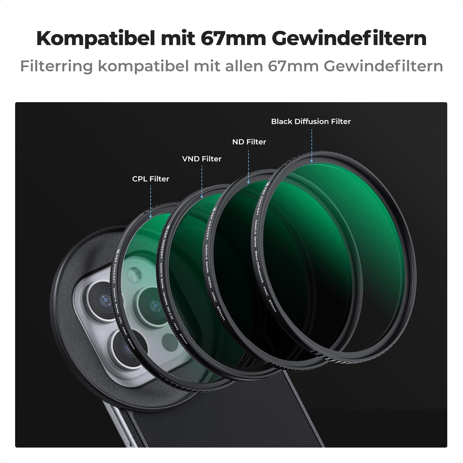 Thumbnail 5 de K&F CONCEPT Magnetischer Polfilter 67mm – CPL-Filter mit magnetischem 6,1-Zoll-Adapter für iPhone 12–16 Serien