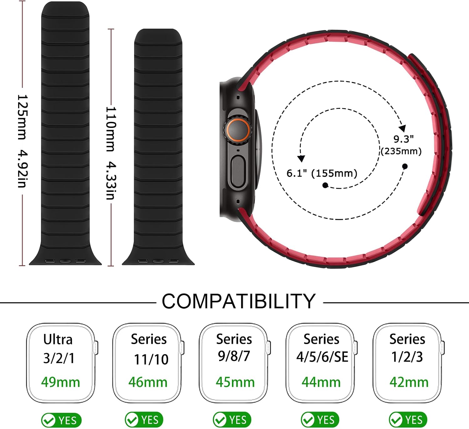 Detalle de Tasikar Magnetic Silicone Watch Strap for Apple Watch (42–49mm) – Black–Red, 26g