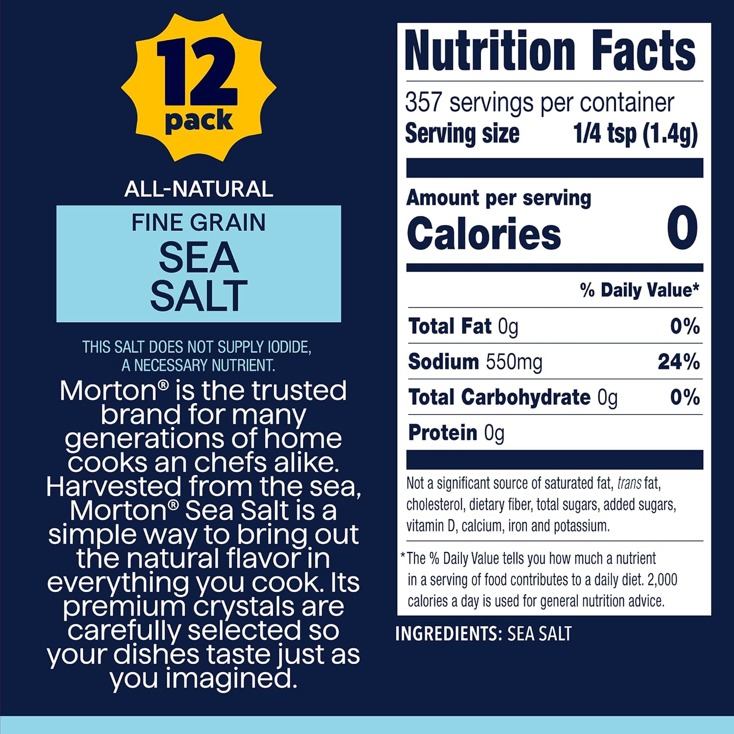 Detalle 2 de Morton F111930010B Fine Sea Salt Shaker, Non-Iodized, 17.6 oz, Pack of 12