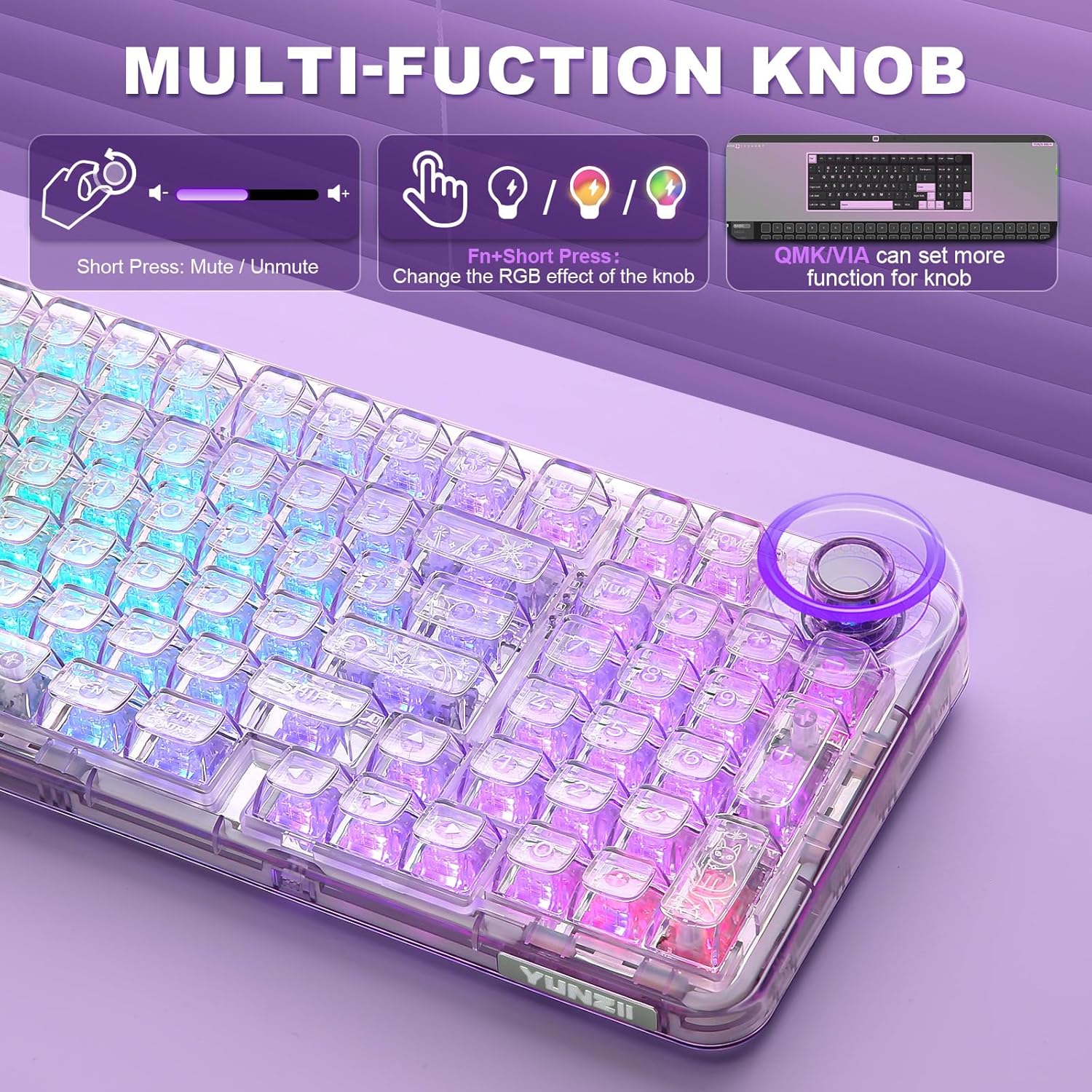Thumbnail 6 de YUNZII X98 QMK/VIA Tri-Mode Wireless Mechanical Keyboard with Knob (Purple, Crystal Switch)