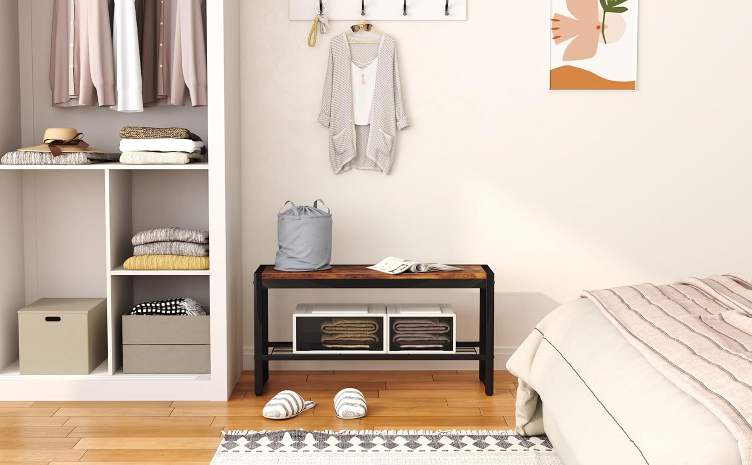 Detalle 2 de HOMEFORT HB-XD572-A-BBR03 Shoe Bench, Rustic Brown MDF Top and Metal Frame
