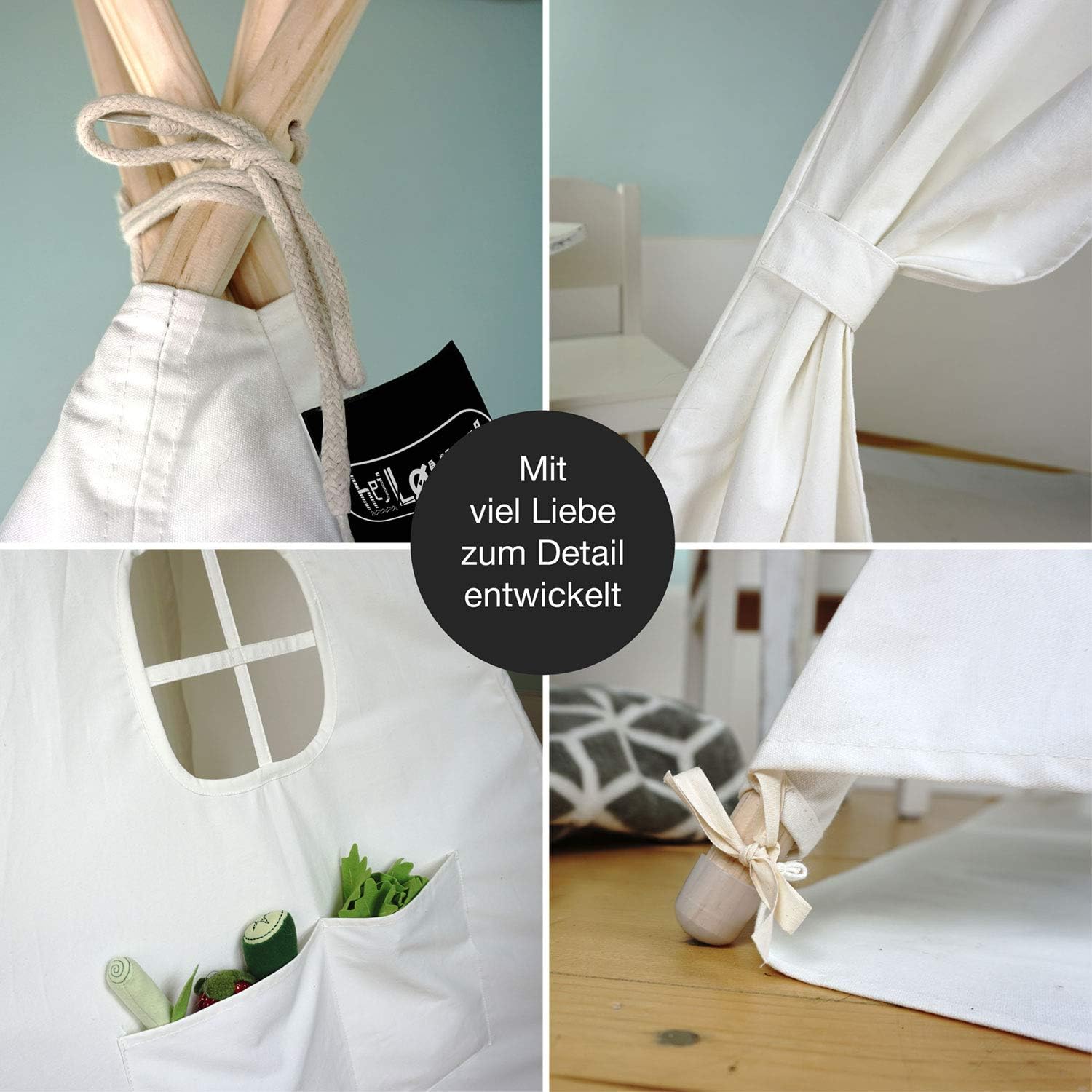 Detalle de HEJ LØNNE Tenda Tipi Indiana per Bambini Beige Naturale con Tappetino e Finestra 120x120x150 cm