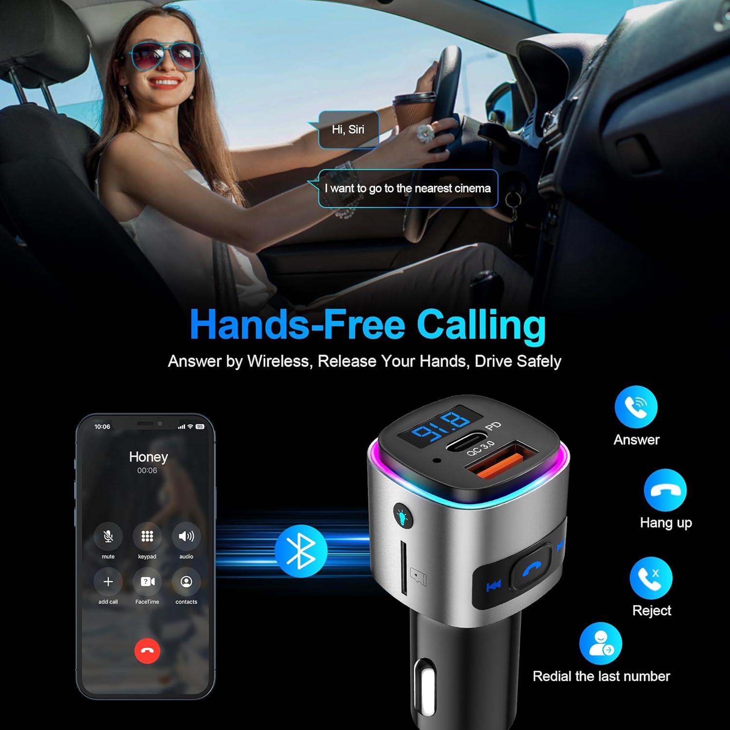 Detalle de SONRU Bluetooth FM Transmitter with Bluetooth 5.3, 30W PD & 18W QC3.0 Fast Charge, 7-Colour LED Backlight