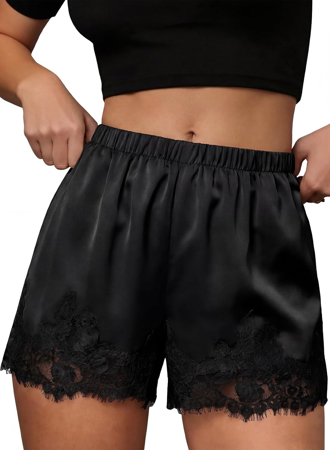 Detalle de EVALESS Satin Silk Lace Shorts: Micro Mini Slip Pajama Bottoms for Summer 2026