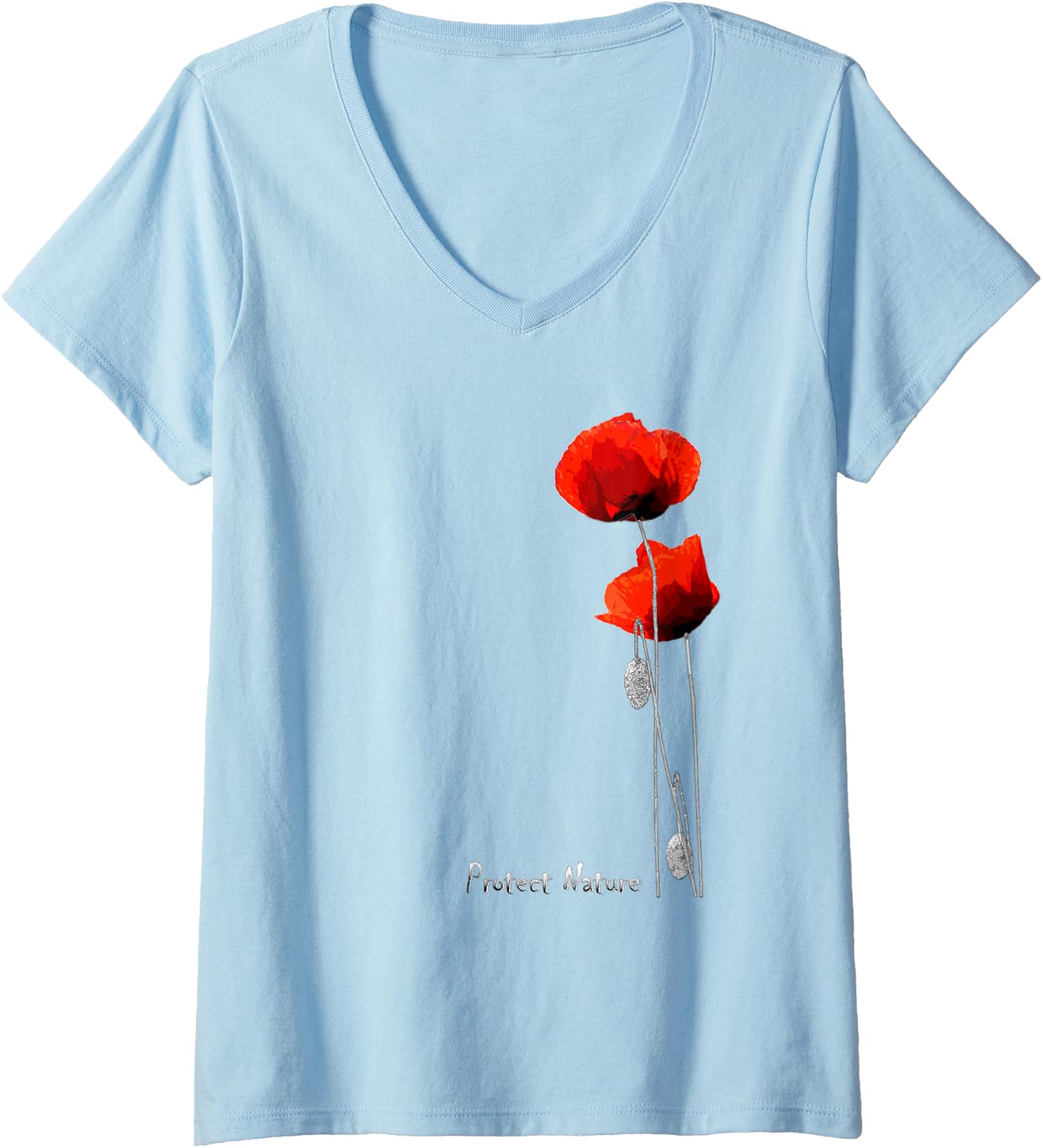 Detalle de Femme Coquelicots Rouges et Abeille | T-shirt Protect Nature avec Col en V