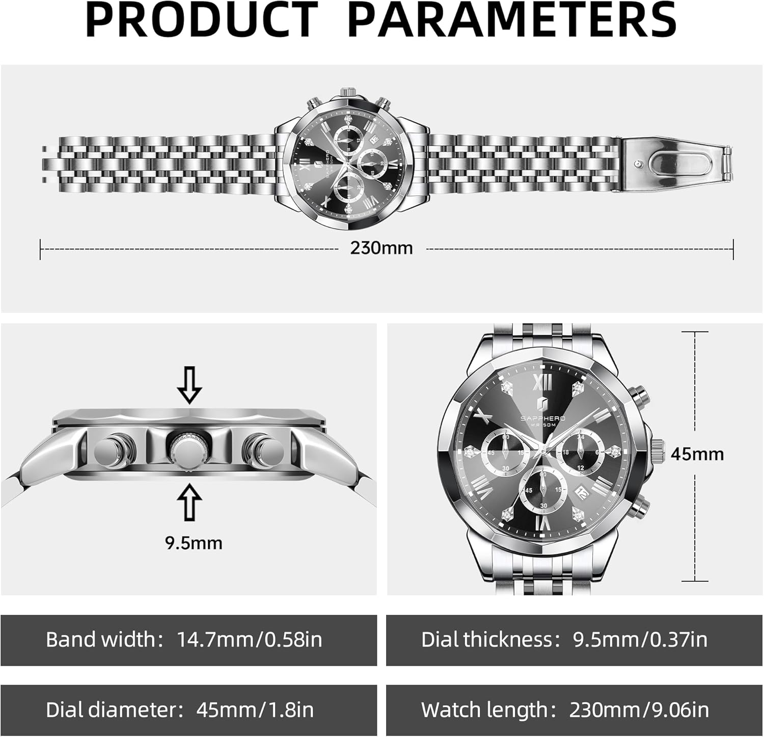 Thumbnail 4 de SAPPHERO Orologio da uomo Analogico Quarzo Cronografo 50M – Elegante e Sportivo in Acciaio