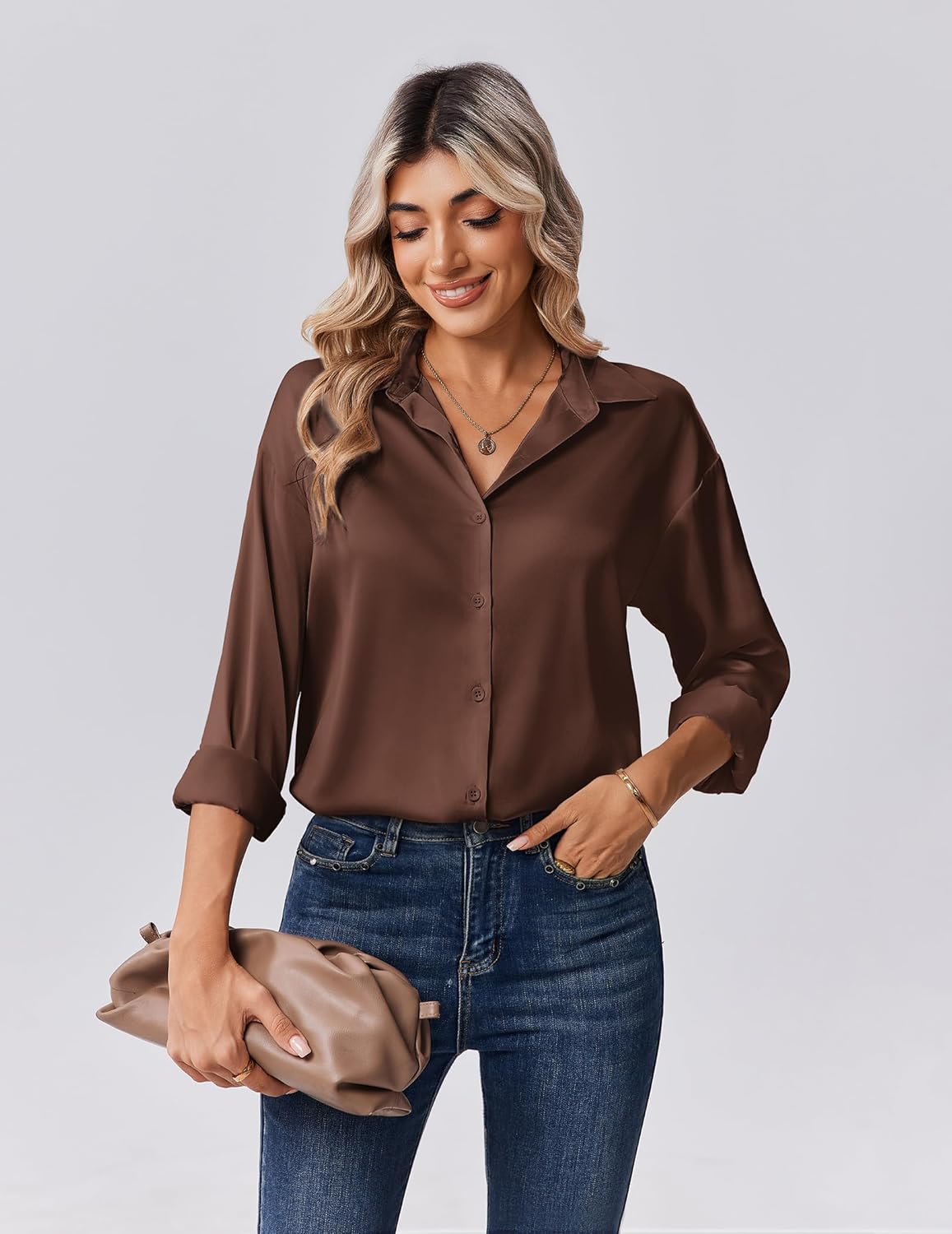 Detalle 2 de Zeagoo Satin Button Down Blouse 1pc