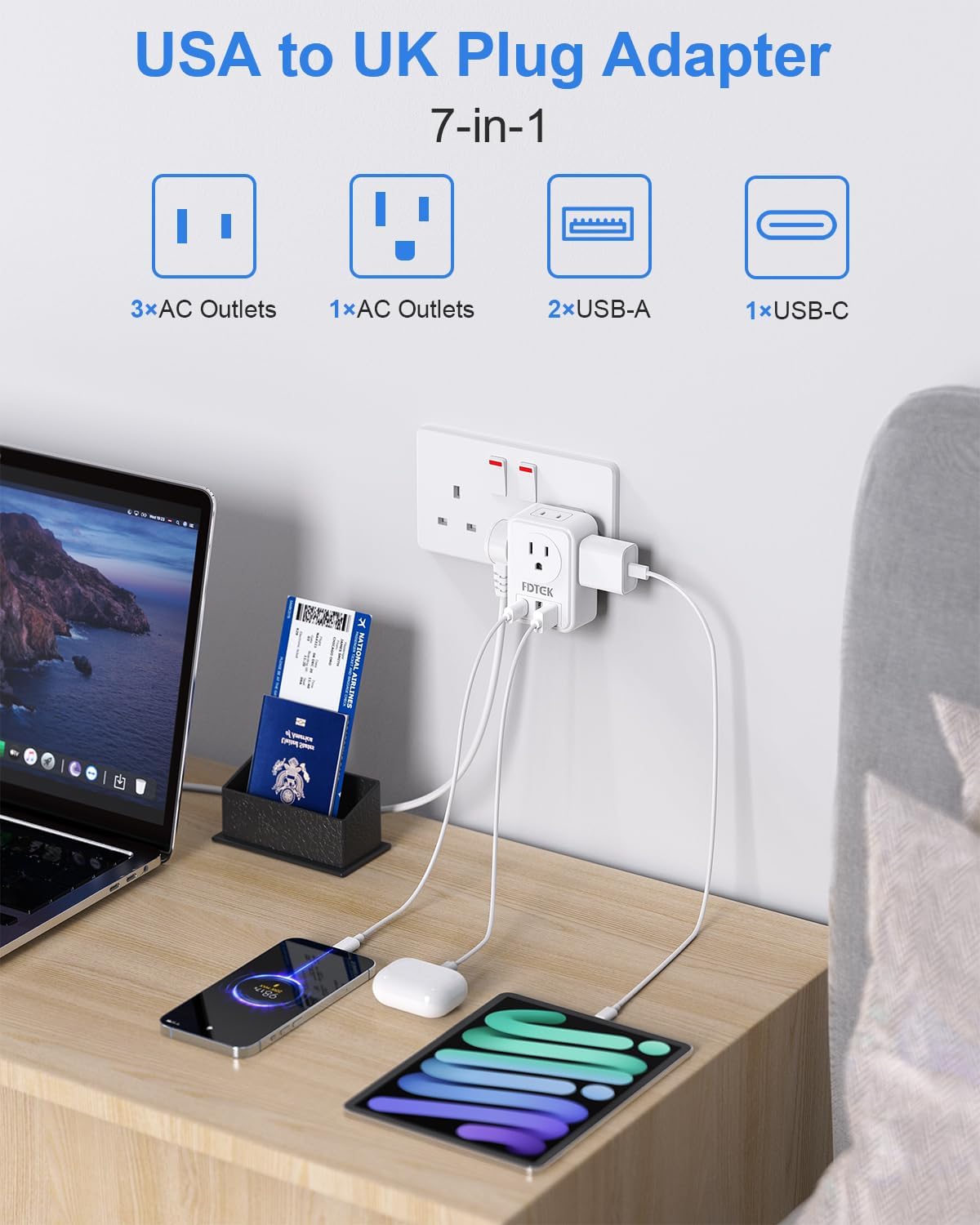 Detalle 2 de FDTEK US to UK Plug Adapter with 3 USB Slots (7-in-1) – Type A/B to Type G