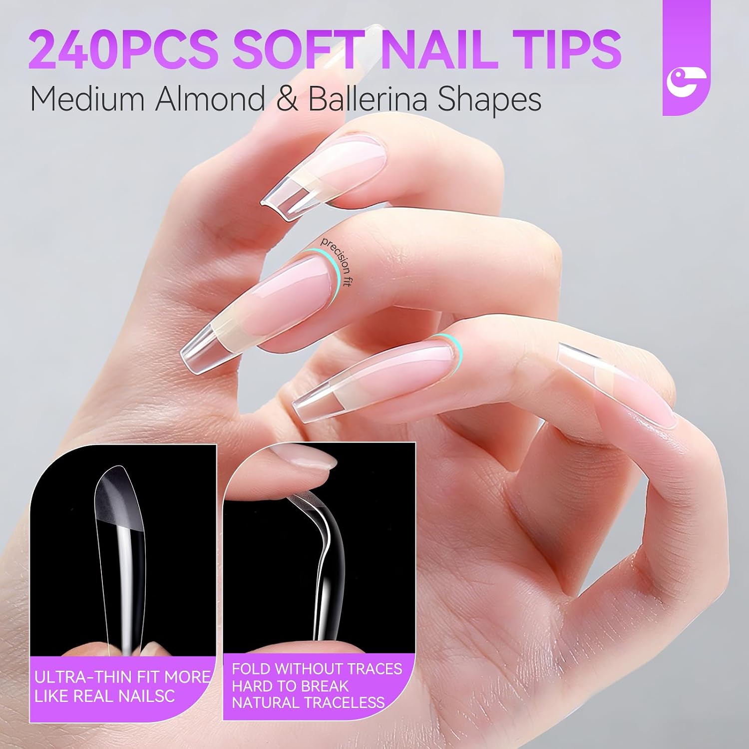 Detalle 2 de Gelike ec Gelnägel Starterset mit Nageltips und Nagelkleber – 240 Med/Almond & 8 ml Extra Stark Kleber
