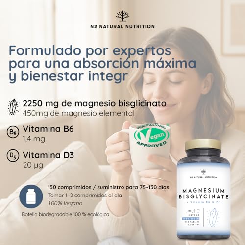 Detalle de Magnesio Bisglicinato 2250 mg de N2 Natural Nutrition, 450 mg de Magnesio Elemental + B6 + D3 – 150 comprimidos