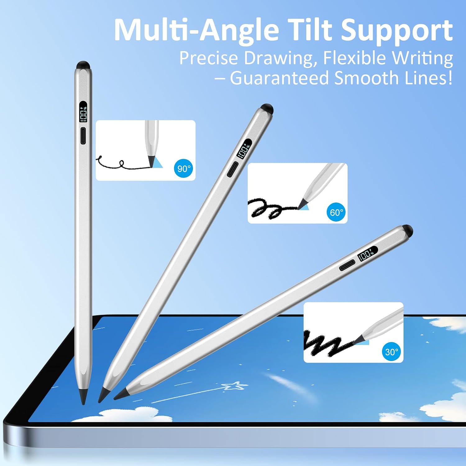 Detalle 2 de Styluslink 2-in-1 Pencil for iPad (2018–2026) with LED power display – USB-C fast charge, palm rejection (Silver)