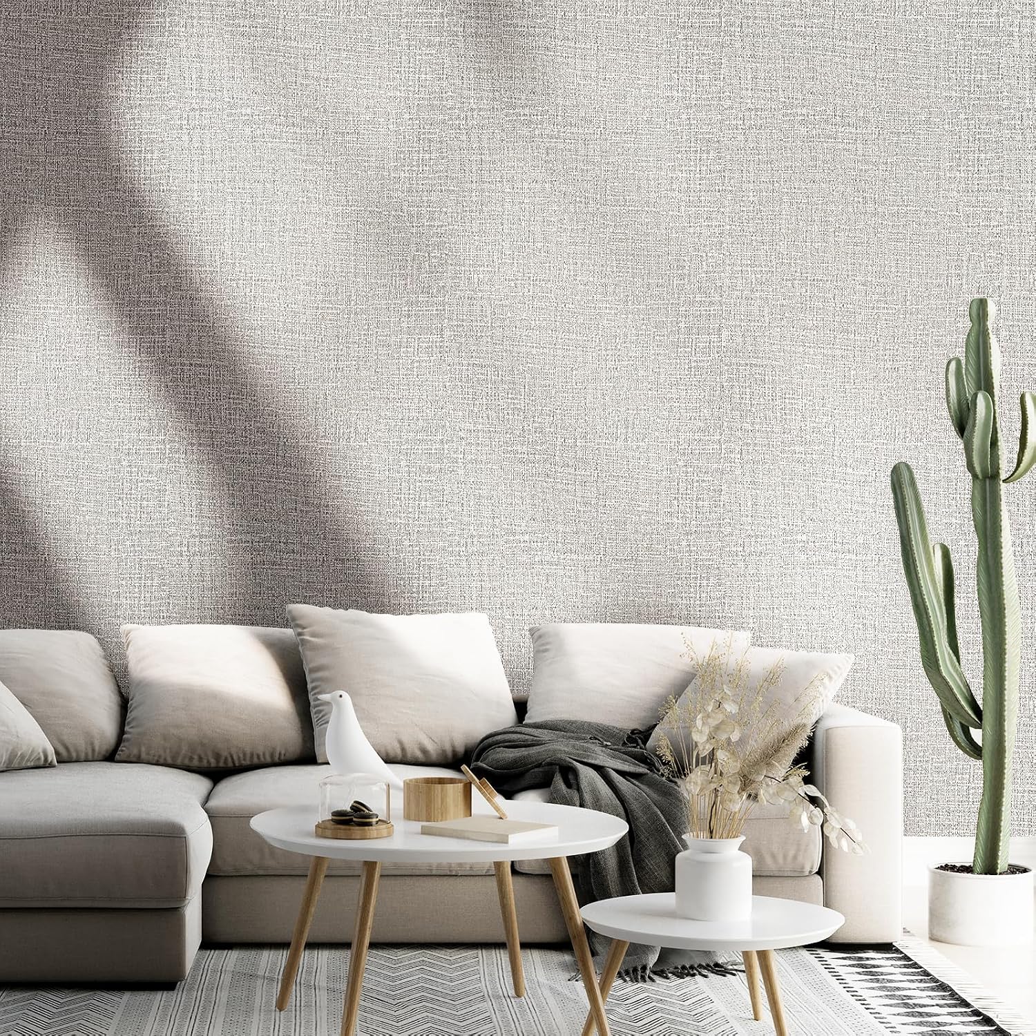 Detalle de WADILE Grasscloth Peel-and-Stick Wallpaper, Light Gray Faux Linen Vinyl