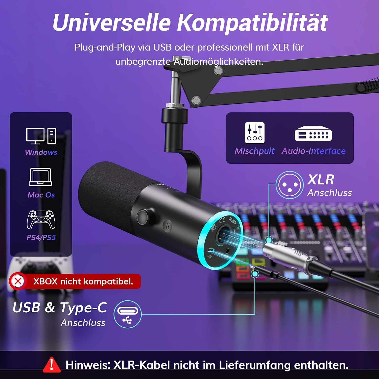 Thumbnail 6 de TONOR Dynamisches Gaming-Mikrofon: USB/XLR-Kombi mit KI-Geräuschunterdrückung und RGB-Beleuchtung