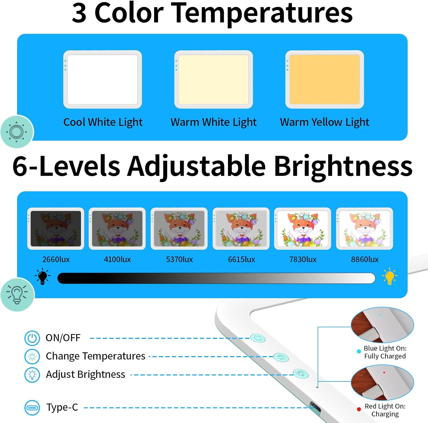 Detalle 2 de TOHETO A4 Rechargeable LED Light Pad 3500mAh
