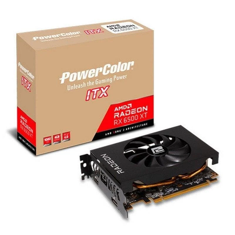 Detalle de PowerColor Radeon RX 6500 XT ITX 4GB GDDR6 — potencia gráfica en formato ultra compacto