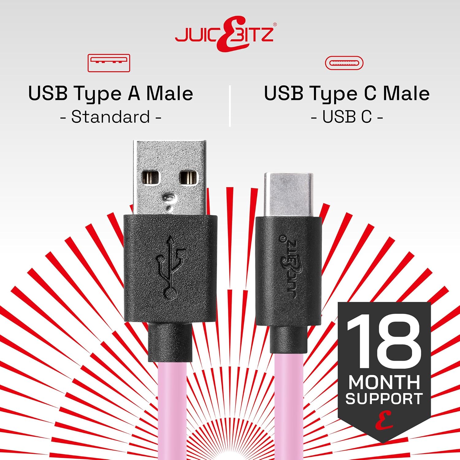 Thumbnail 1 de JuicEBitz Phone Charger Cable (USB A to USB C) 4m – Fast Charge & 480mbps Data Transfer, Pink