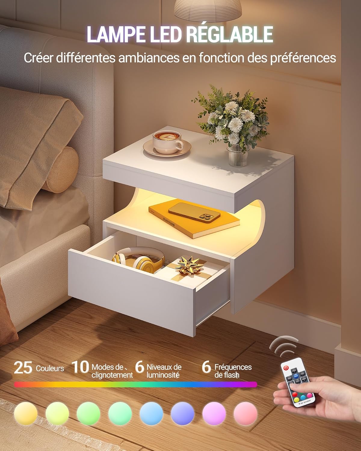 Detalle de Hzuaneri Table de Chevet Suspendue – Lot de 2, avec LED et tiroir coulissant (Blanc) NS50403XEU
