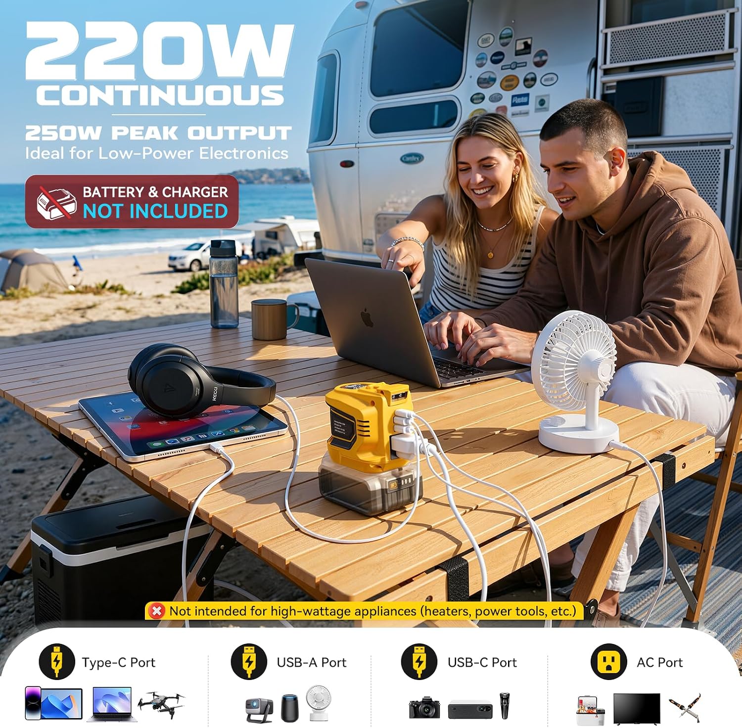 Detalle de Ecarke 220W Portable Power Inverter for Dewalt 20V Battery — Compact Outdoor Power Station