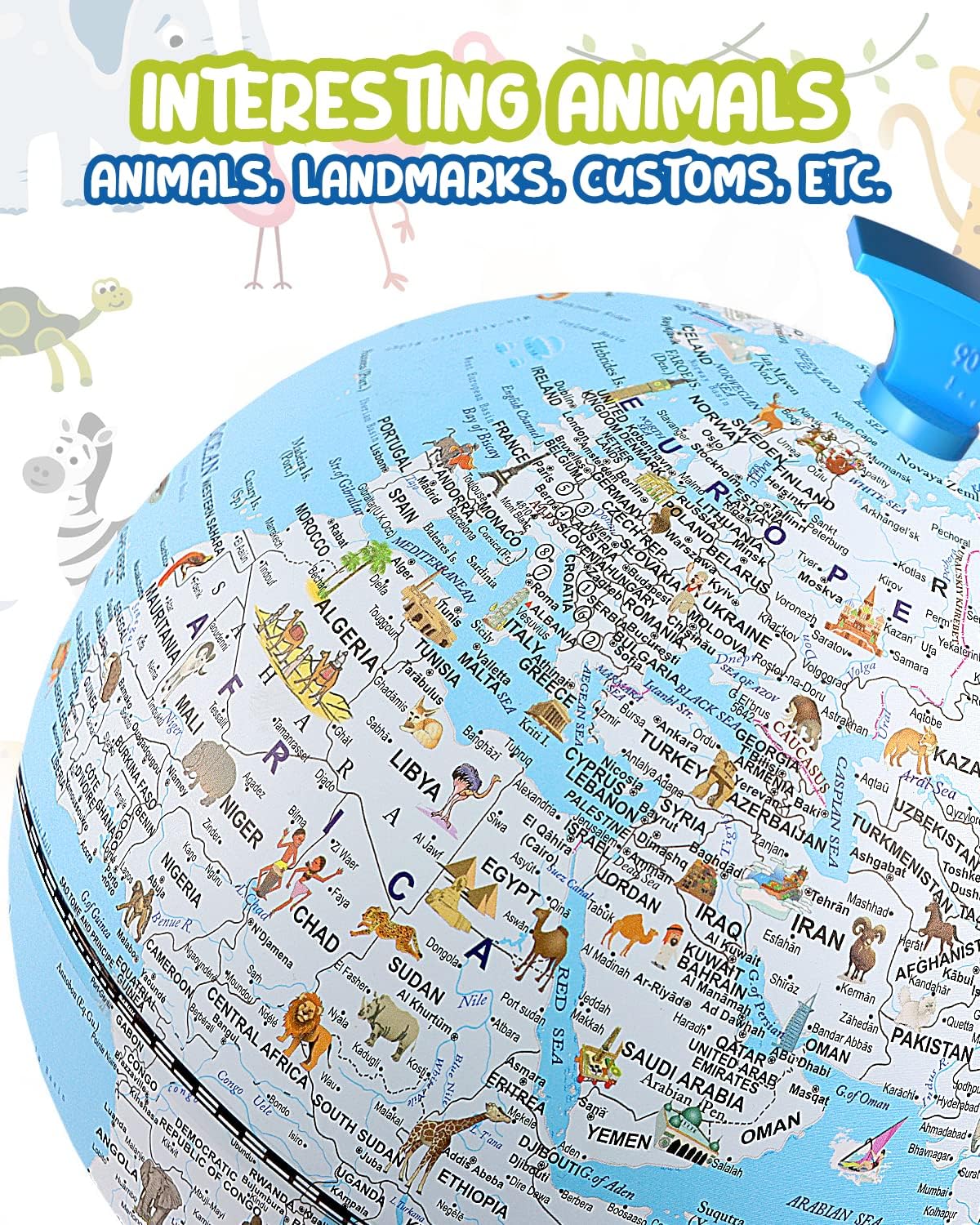 Thumbnail 2 de JOWHOL Illuminated Animal Globe for Kids – USB‑Powered 20 cm Educational Globe (Blue)