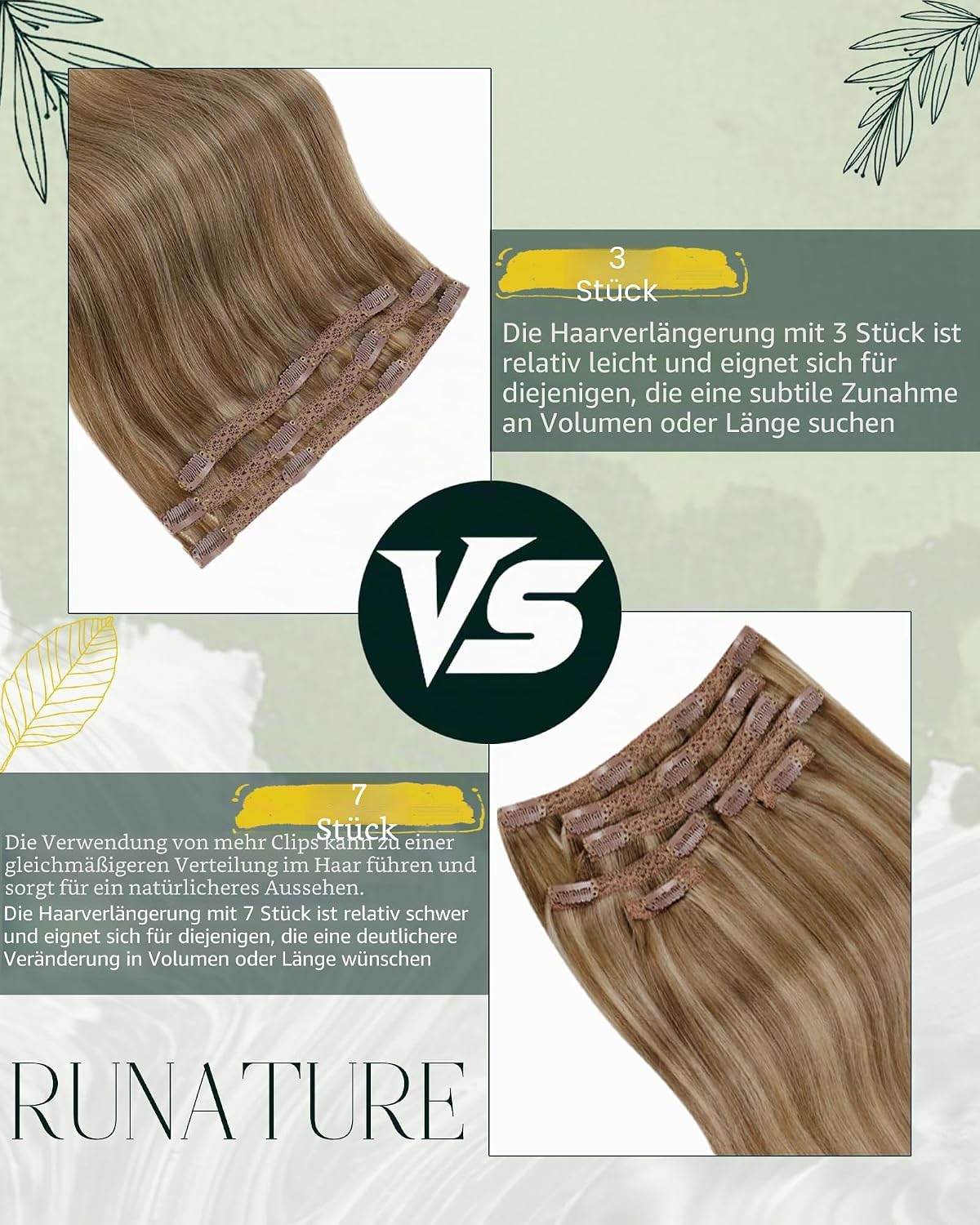 Detalle de RUNATURE Clip-in Extensions Echthaar Braun Highlight Blond 45 cm – 3 Stück 50 g