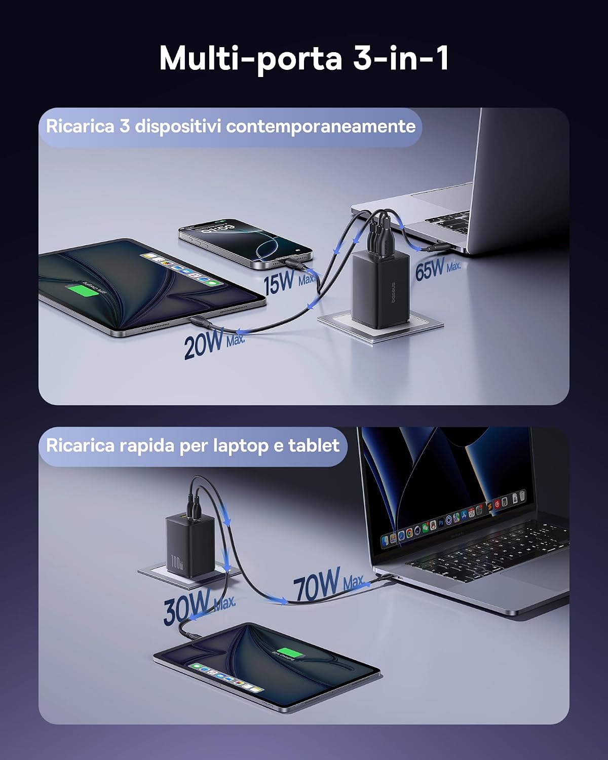 Detalle de Baseus Enerfill Caricatore USB-C 100W a 3 porte per laptop e smartphone 🔌