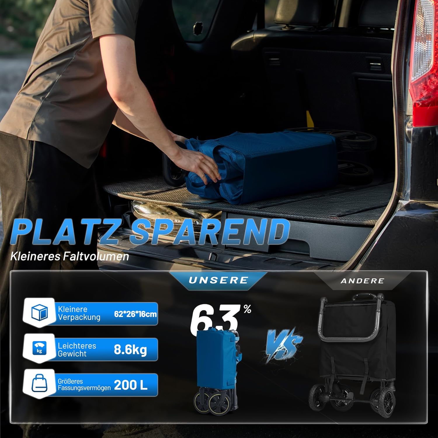 Thumbnail 6 de TIMBER RIDGE Bollerwagen faltbar 200L mit Getränkehalter, verstellbarem Griff und 100 kg Traglast