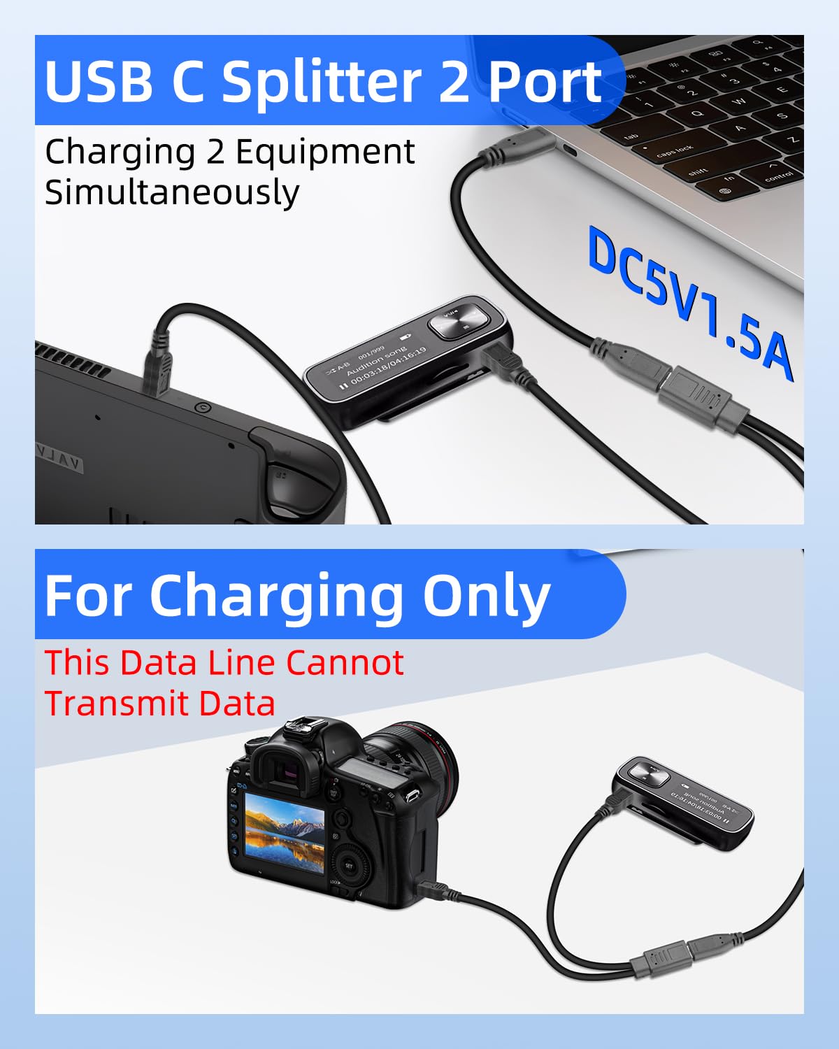 Detalle de RIIEYOCA Short USB C Female to Dual Mini USB Male Charging Cable (1FT, 2-Pack) – Charging Only