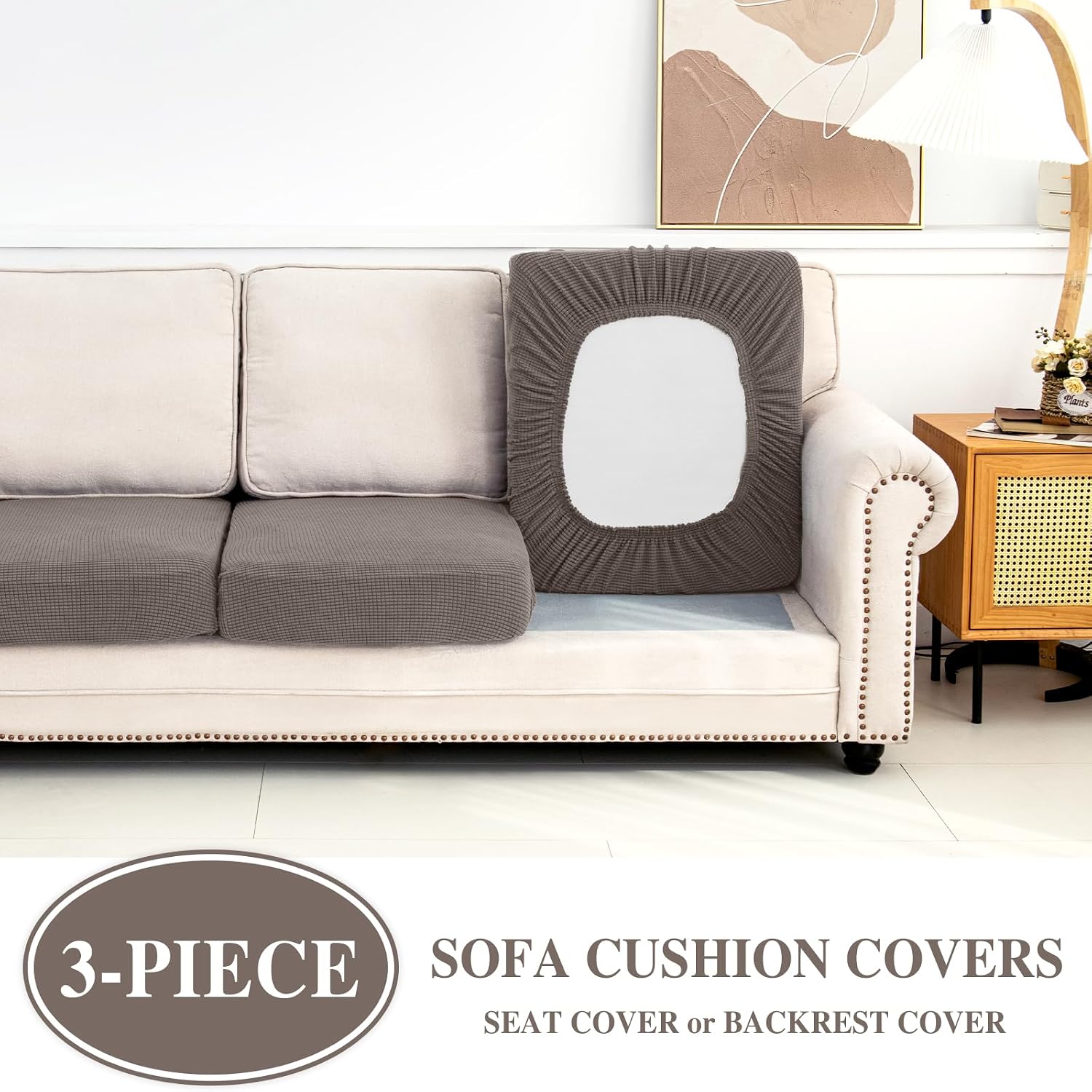 Detalle de LA MEACK 3-Piece Stretch Sofa Cushion Covers, Taupe Polyester-Spandex