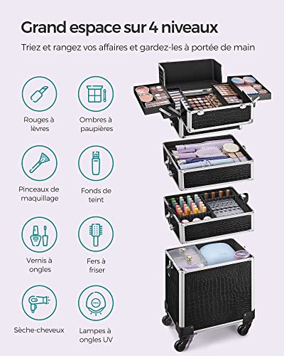 Detalle de SONGMICS Valise à maquillage JHZ06B – Mallette trolley grande taille, 4 niveaux