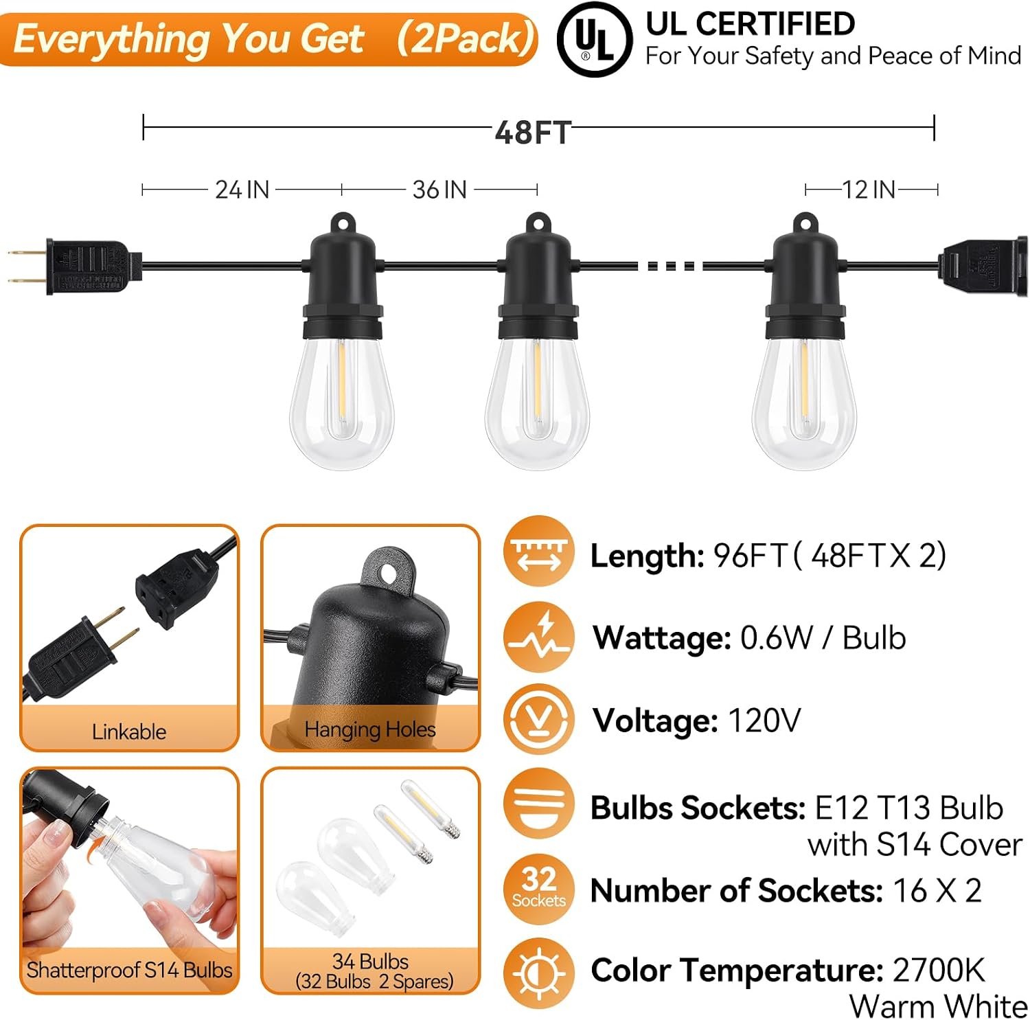 Thumbnail 5 de Adirxon S14 96 ft Outdoor LED String Lights