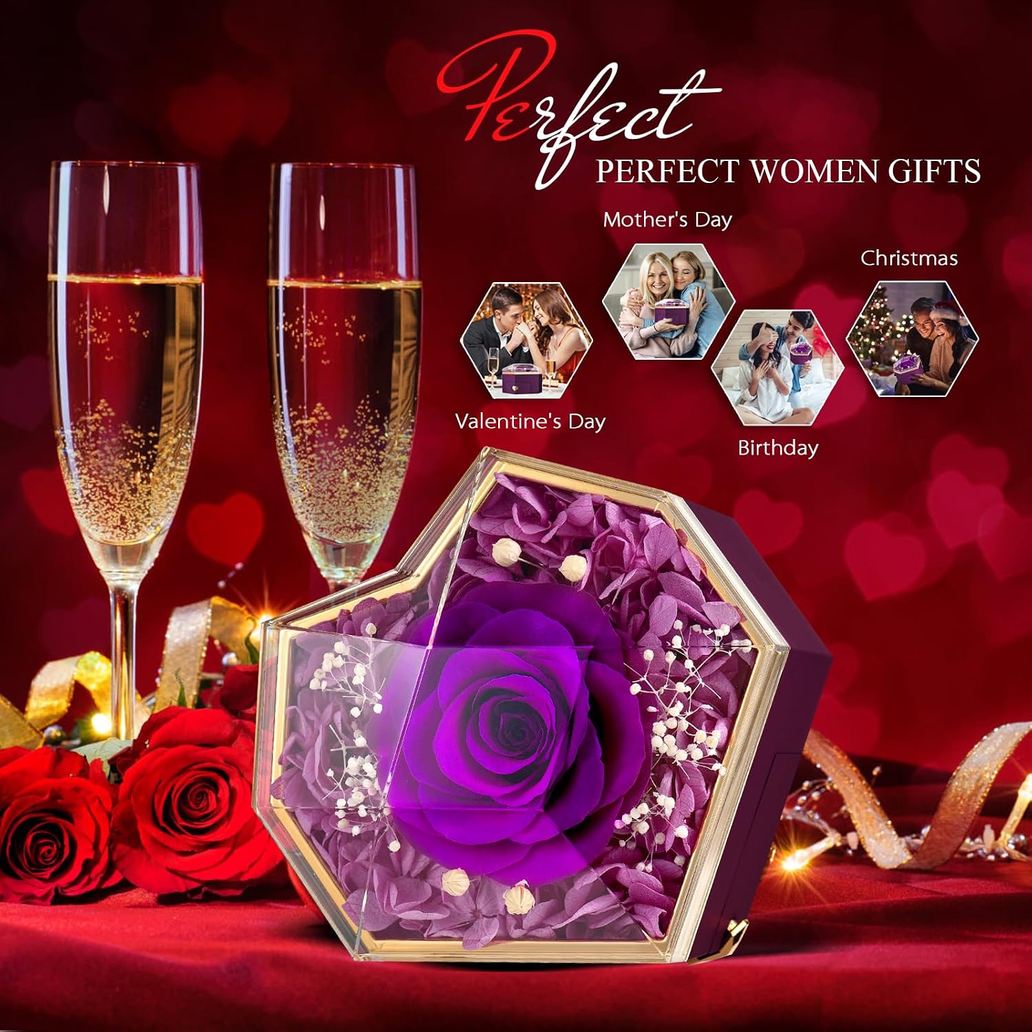 Detalle de GOICC Preserved Rose with Necklace Gifts Box for Her — Eternal Purple Rose and Angel Wing Necklace