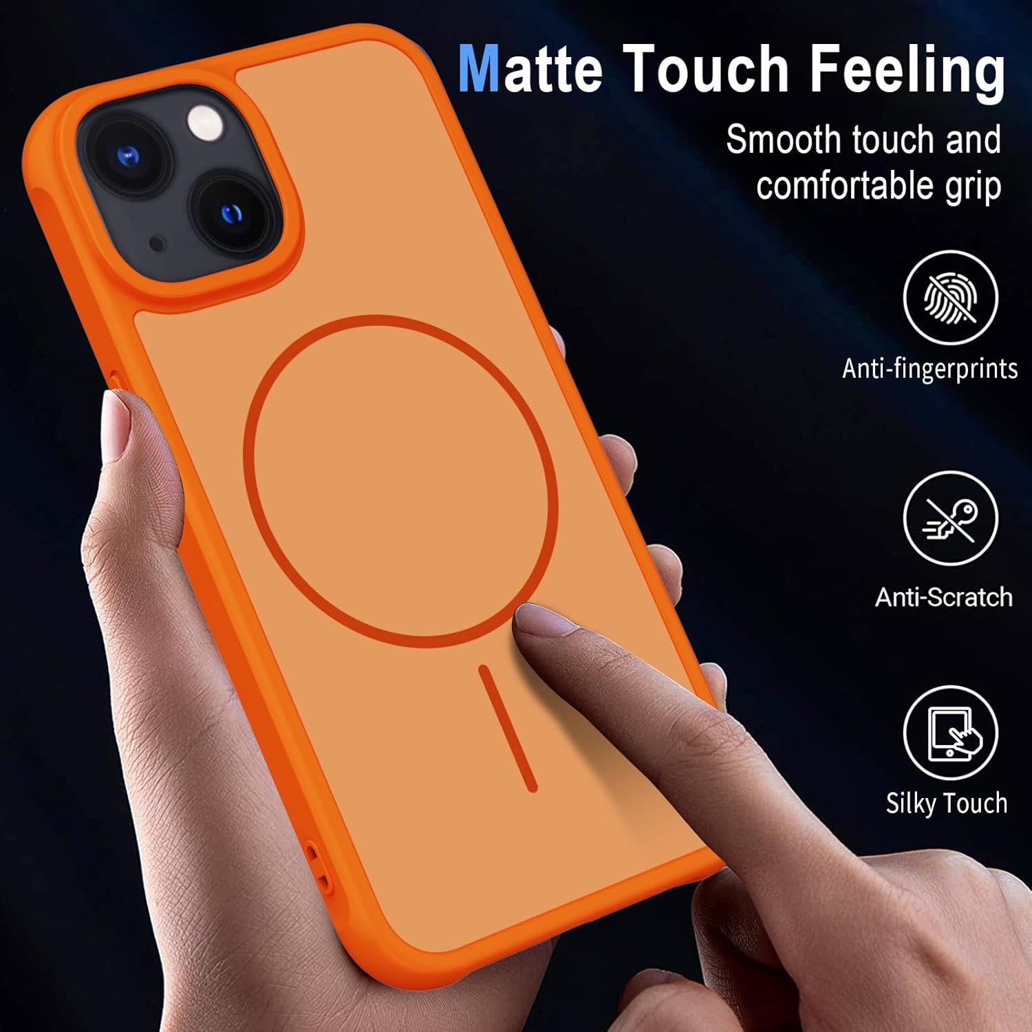 Detalle de XTCASE Coque Magnétique pour iPhone 13 — Dos translucide orange, bord TPU antichoc et bumper en aluminium