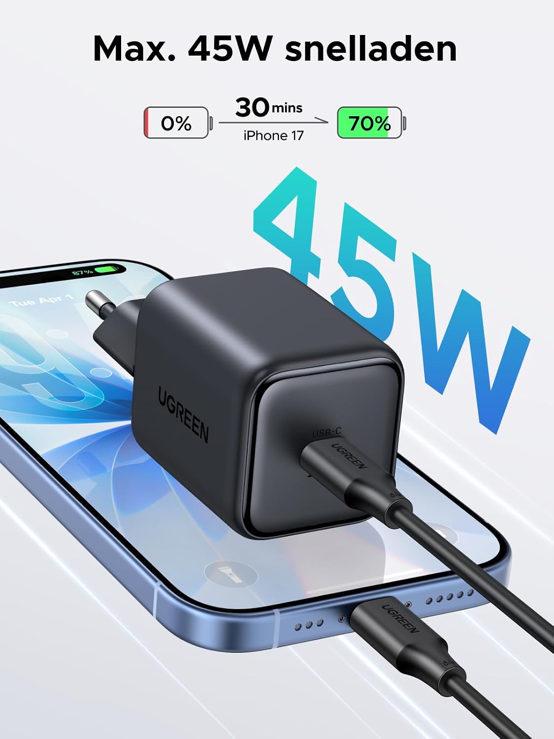 Thumbnail 1 de UGREEN 45W USB-C-oplader met PPS en GaN, inclusief kabel van 1,5 m