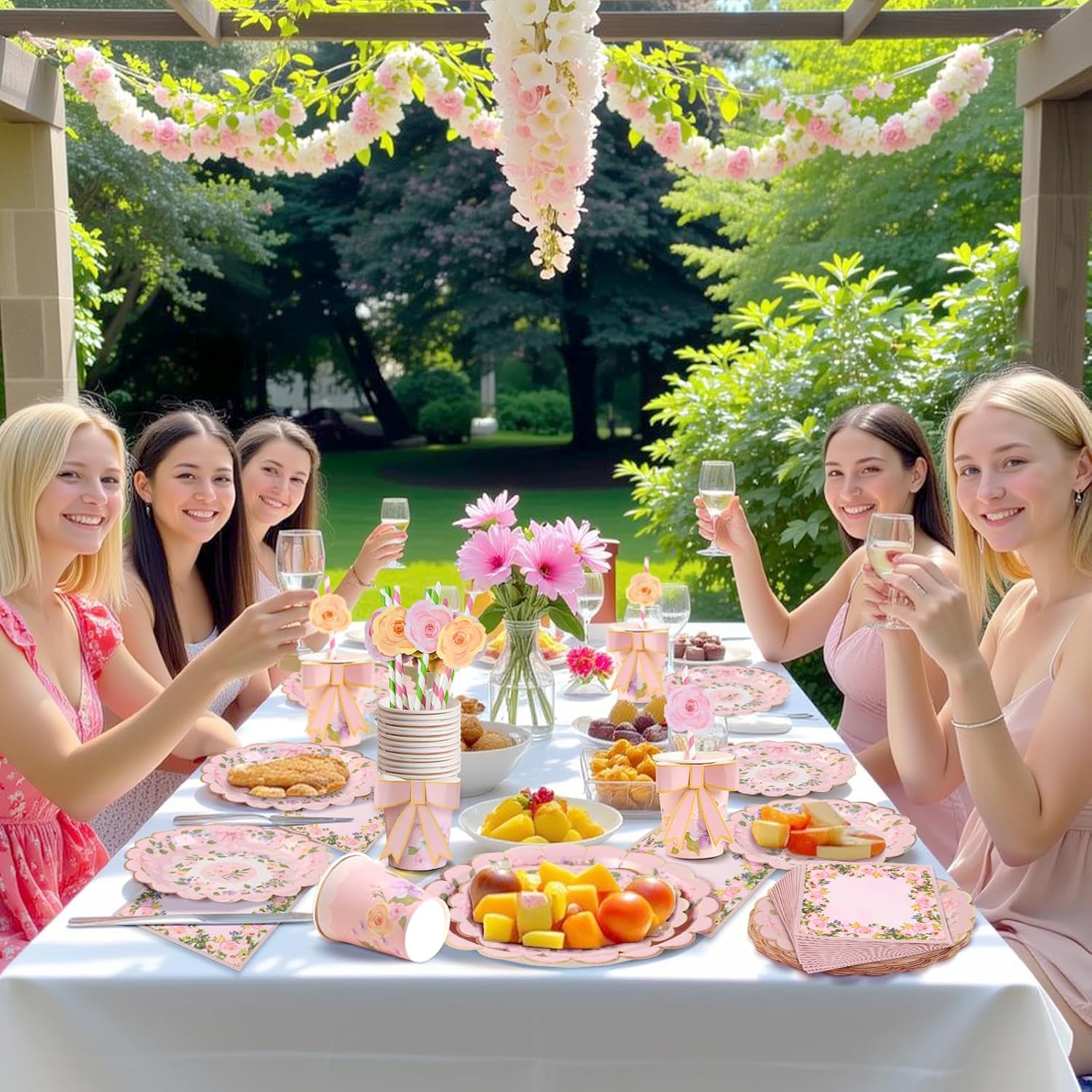 Thumbnail 6 de SUNBEAUTY 80pcs Afternoon Tea Decorations – Floral Plates, Straws, Napkins & Bow Cups
