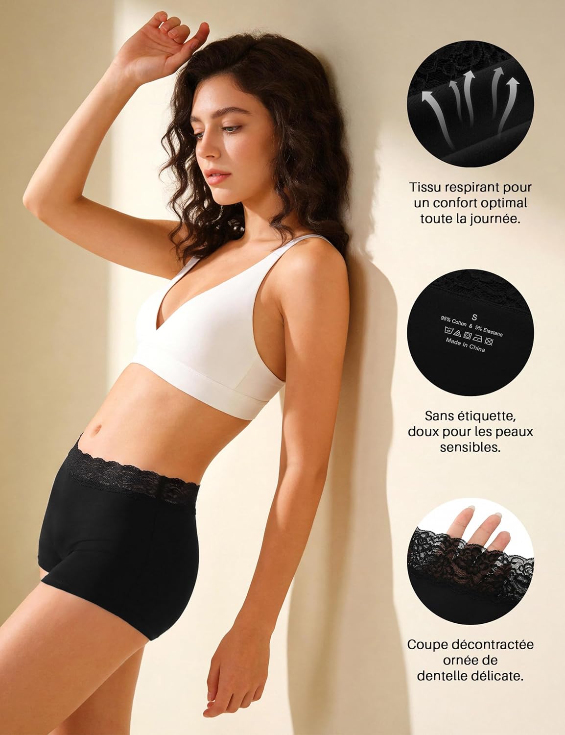 Detalle 2 de Uniexcosm Shorty Dentelle Femme — Culotte coton, confort et élégance au quotidien