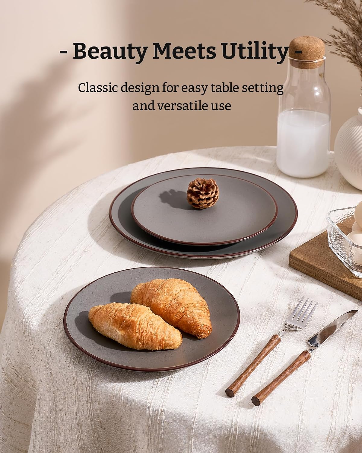 Detalle de Famiware Venus Plates and Bowls Set with Trim – 12 Pieces, Matte Dark Gray Stoneware