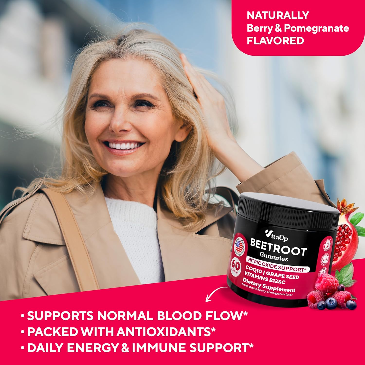 Detalle 2 de VitaUp Beet Root Gummies with CoQ10, Grape Seed and Vitamins C, B12 & B3