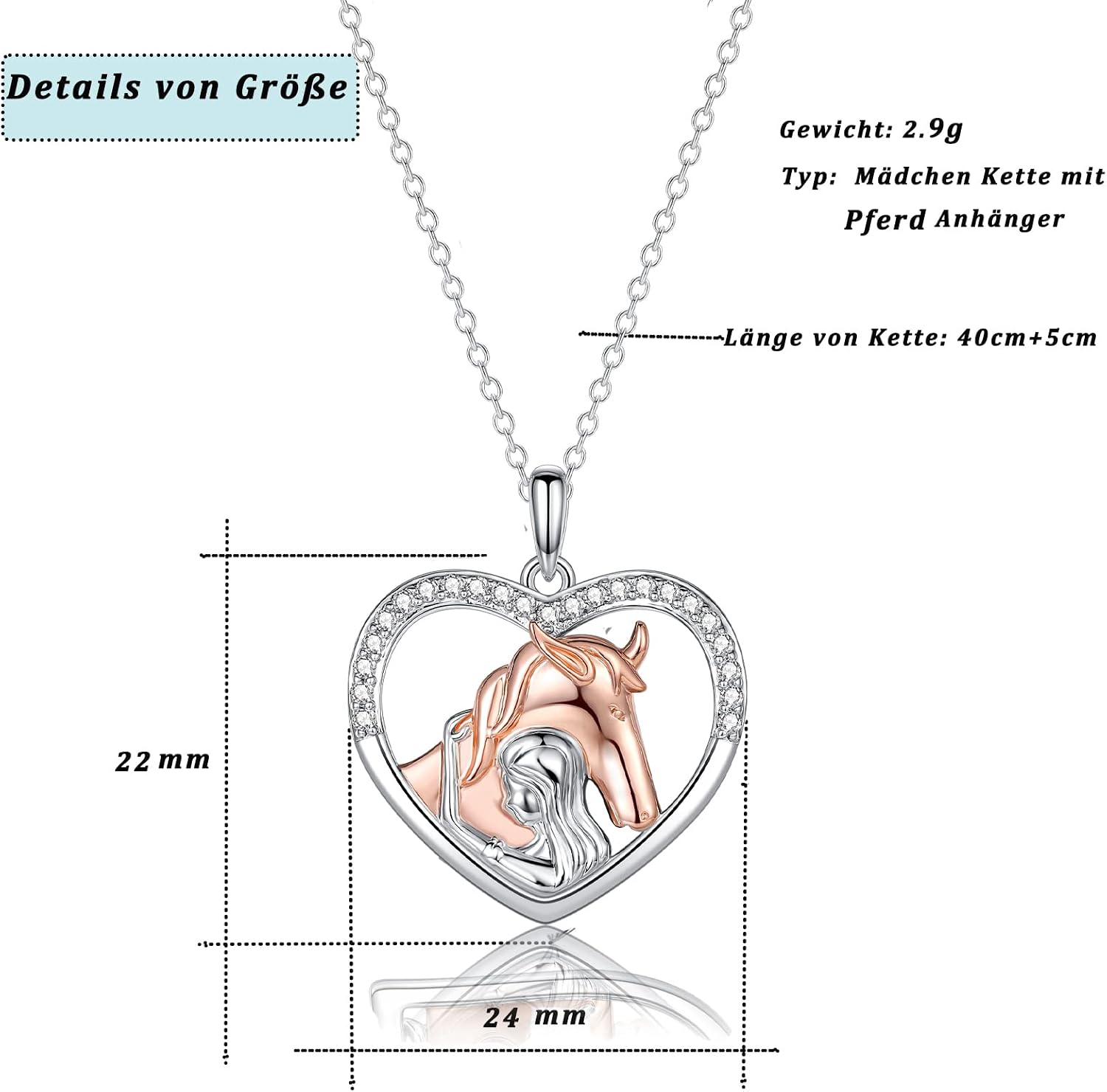Detalle de USEEDOVIA Herz-Halskette für Mädchen – 925 Silber Weißgold/Rosegold, Pferde-Mädchen Geschenk mit Geschenkbox