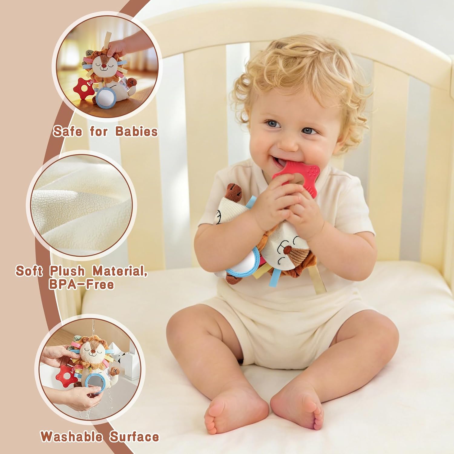 Detalle de TYRY.HU Baby Greifling mit Riemen – Löwe, vielseitiges Spielzeug für Baby 0–12 Monate