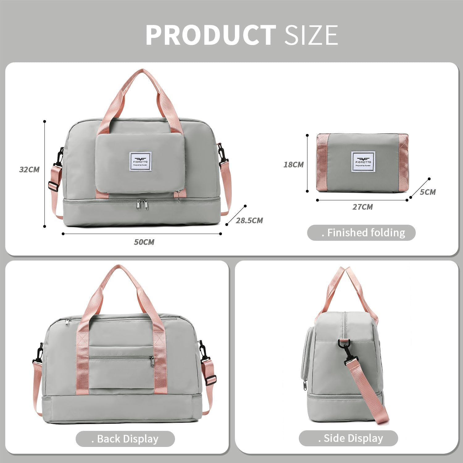 Detalle 2 de FIORETTO Foldable Weekend Bag with Shoe Compartment & Wet Pocket – 45L, Grey & Pink