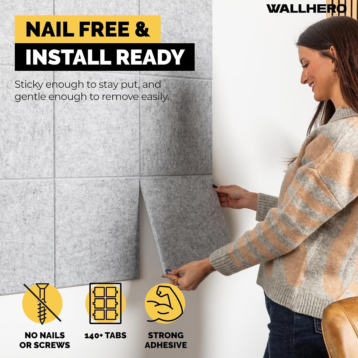 Detalle 2 de WallHero 15x_12inch Felt Bulletin Board Tiles, 15-Pack, Gray Marble