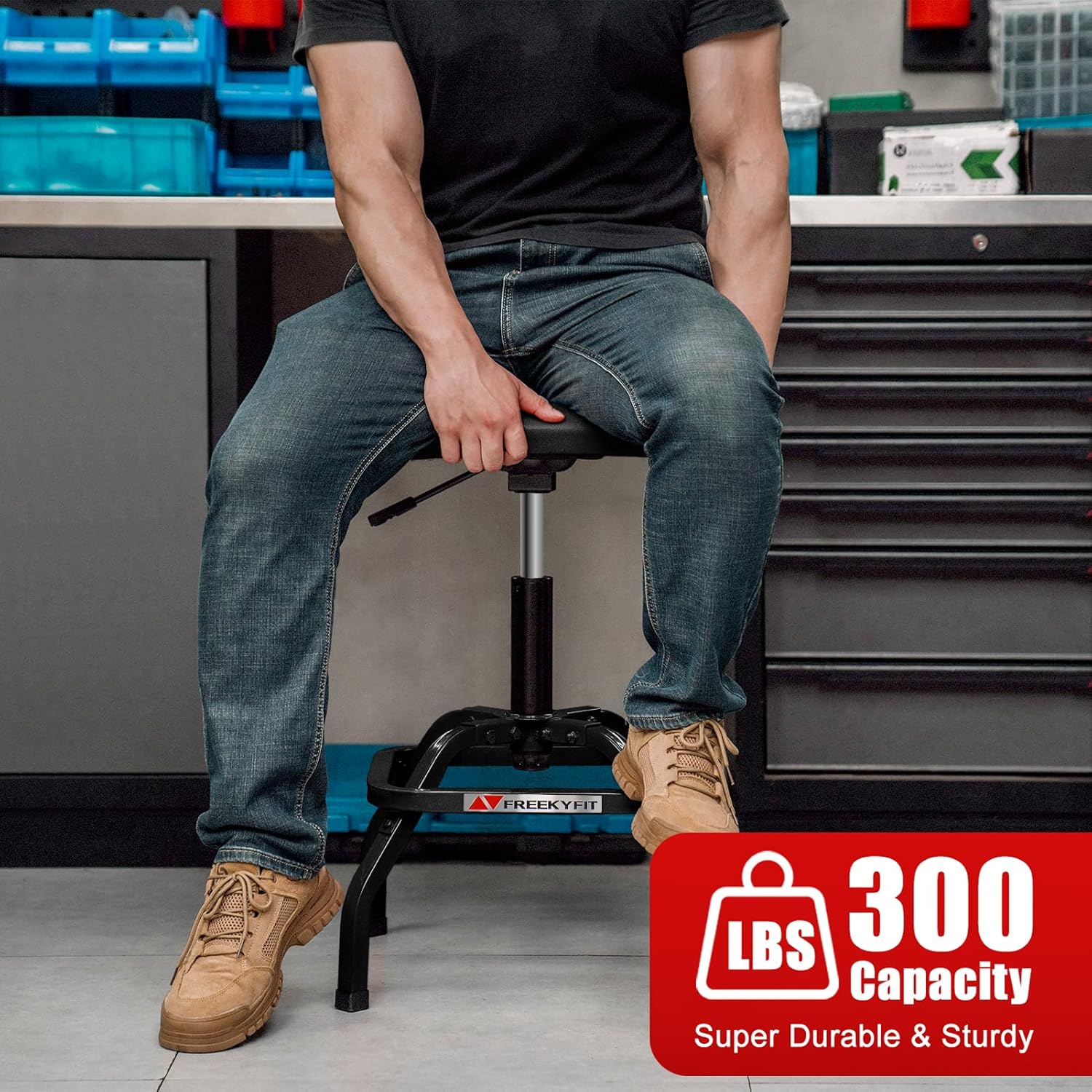 Detalle de FreekyFit Shop Stool with Backrest: Adjustable 360° Swivel Mechanics Stool for Workshop