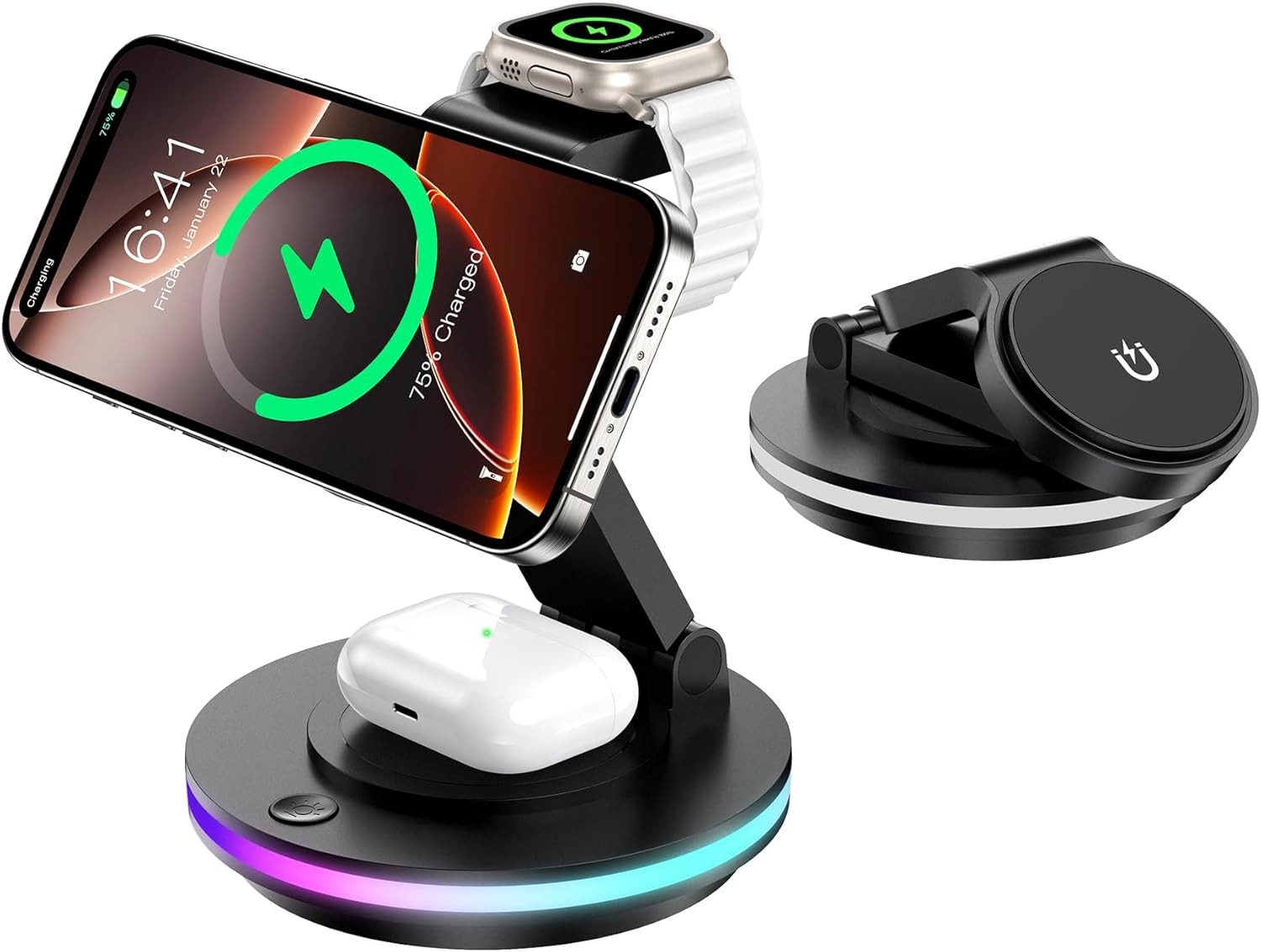 Detalle de Mag Safe 3-in-1: caricatore pieghevole per Apple Watch e iPhone (nero)