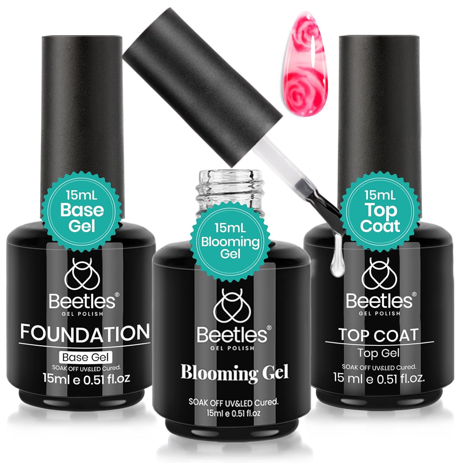 Detalle de Beetles Blooming Gel & Base Top Coat Set – 3pcs 15ml for Marble & Blooming Nail Art
