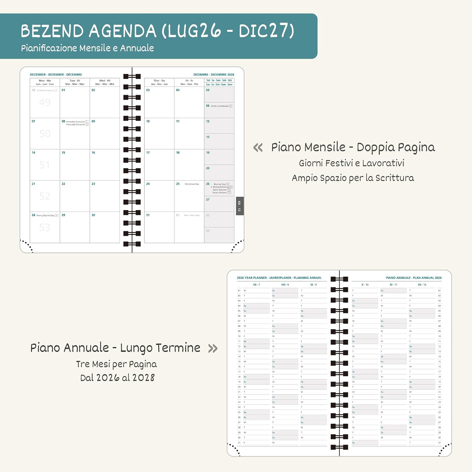 Thumbnail 3 de BEZEND Agenda 2026-2027 Settimanale Tascabile Spirale A6 18 Mesi, Nero, PU Morbida