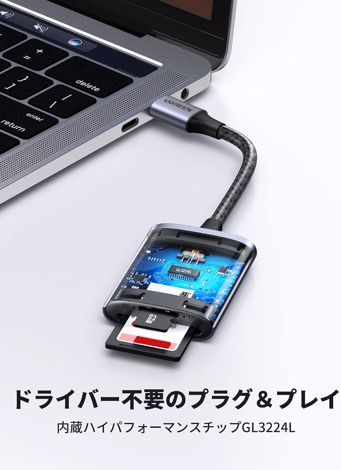 Detalle 2 de UGREEN CM401 USB-Cカードリーダー SD・microSD同時読み書き、最大5Gbps、アルミ合金製